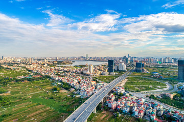 Aerial view of Ha Noi city, Vietnam. Road of Nhat Tan bridge.