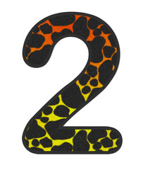 3D Snake Orange-Yellow print Number 2, animal skin fur creative decorative clothes, Sexy Fabric colorful isolated in white background has clipping path dicut. Design font wildlife or safari concept.