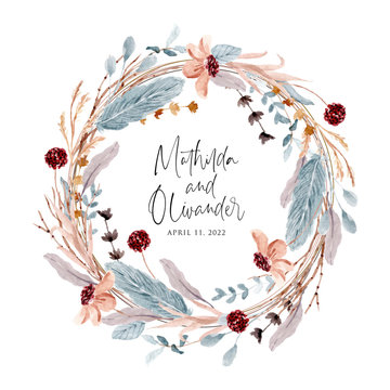 soft rustic floral and feather watercolor wreath
