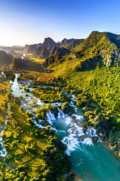 Royalty high quality free stock image aerial view of “ Ban Gioc “ waterfall, Cao Bang, Vietnam. “ Ban Gioc “ waterfall is one of the top 10 waterfalls in the world. Aerial view.