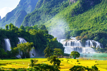 Royalty high quality free stock image aerial view of “ Ban Gioc “ waterfall, Cao Bang, Vietnam. “ Ban Gioc “ waterfall is one of the top 10 waterfalls in the world. Aerial view.