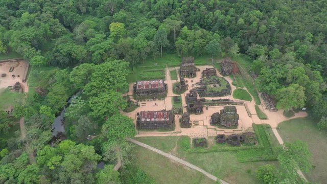 Aerial view of My Son champa tower. Old Brick cham towers in Quang Nam, landmark Vietnam. Asia Travel concept. Journey through Vietnam Concept