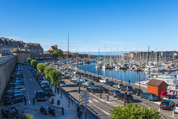 Saint-Malo, France. View of the yacht port from the fortress wall - obrazy, fototapety, plakaty