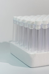 Fototapeta na wymiar Vertical photo of empty vacuum blood test tubes in laboratory