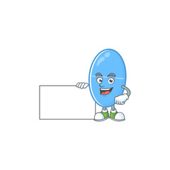 Blue capsule cartoon character concept Thumbs up having a white board