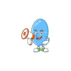A picture of blue capsule cartoon design style speaking on a megaphone