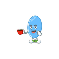 An image cartoon character of blue capsule with a cup of coffee