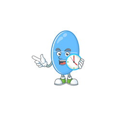 Blue capsule mascot design concept holding a circle clock