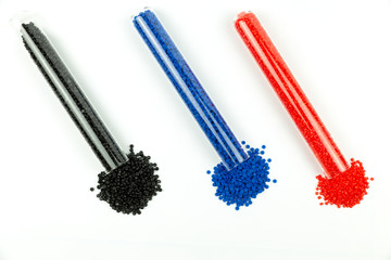 Close-up of plastic polymer granules. hand hold Polymer pellets. polymer plastic. compound polymer.