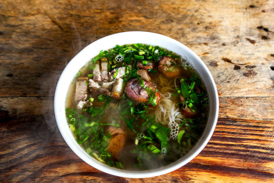 Traditional vietnamese noodle soups pho. " Pho Vit " vietnamese food or noodle soups and Duck meat in Cao Bang province, Vietnam. Vietnamese soups in bowl. Asian/vietnamese food background.