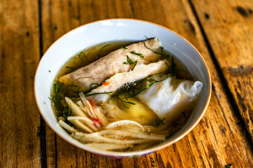 Banh cuon or banh cuon nuoc xuong vietnamese food in Cao Bang province, Vietnam. Near Ban Gioc waterfall. Vietnamese steamed rice noodle rolls