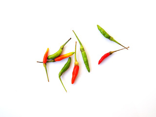 fresh green and red hot chili peppers isolated on white background.