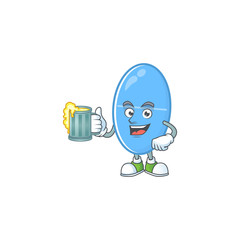 Happy blue capsule mascot style toast with a glass of beer
