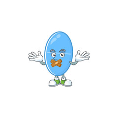Blue capsule mascot cartoon design with quiet finger gesture