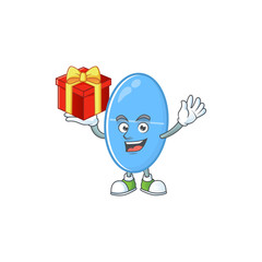 Charming blue capsule mascot design has a red box of gift