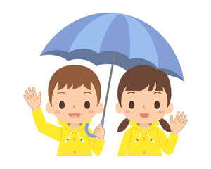 梅雨　傘　レインコートを着た子ども　上半身
