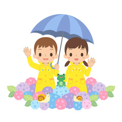 梅雨　傘を指した子ども　アジサイ　カエル　カタツムリ