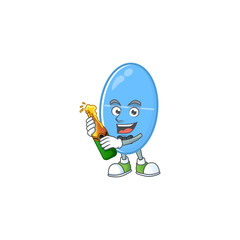 Mascot cartoon design of blue capsule making toast with a bottle of beer