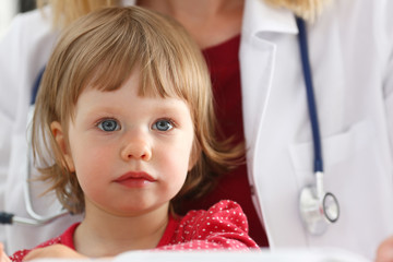 Little child at pediatrician reception. Physical exam appointment, cute infant portrait, baby aid, healthy lifestyle, ward round, child sickness, clinic test, high quality and trust concept