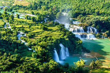 Royalty high quality free stock image aerial view of “ Ban Gioc “ waterfall, Cao Bang, Vietnam. “ Ban Gioc “ waterfall is one of the top 10 waterfalls in the world. Aerial view