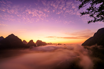 Royalty high quality free stock image aerial view of dawn at Ngoc Con town, Trung Khanh, Cao Bang, Vietnam