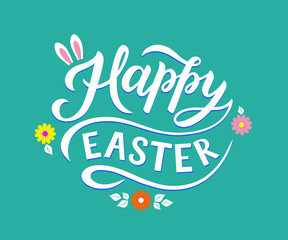 Happy Easter - hand drawn lettering. Design for holiday greeting card and invitation. Drawn spring composition for logotype, icon, poster, banner template. Vector EPS10