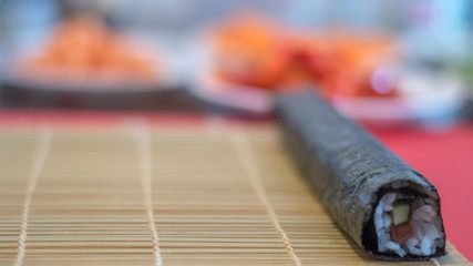 Isolated close up home made Sushi rolls made during the Corona Virus Pandemic in Israel