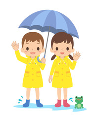 梅雨　傘を指した子ども　カエル　水たまり　全身