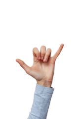 a hand on a white background shows a sign. Be on a call hand gesture over white background
