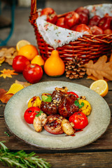 Autumn table setting with pumpkins. Thanksgiving dinner.soft beef tenderloin medallions