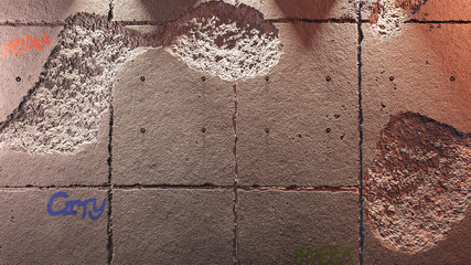 Damaged grey concrete wall texture with graffitis