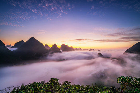 Royalty high quality free stock image of dawn and fog, mountains, river  and rice field at Trung Khanh town, Cao Bang province, Vietnam. 