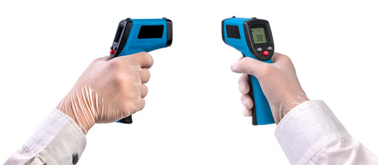 Medical Digital Infrared Thermometer isolated on white background. Thermometer check process before being accessed to the building, to prevent the covid19 virus 