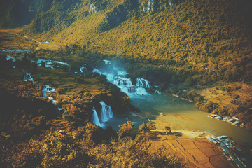 Royalty high quality free stock image aerial view of “ Ban Gioc “ waterfall, Cao Bang, Vietnam. “ Ban Gioc “ waterfall is one of the top 10 waterfalls in the world. Aerial view