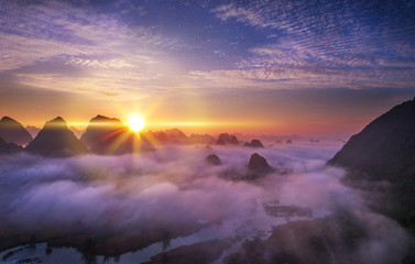 Royalty high quality free stock image of dawn and fog, mountains, river  and rice field at Trung Khanh town, Cao Bang province, Vietnam. 
