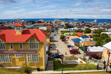Punta Arenas, Chile, Cityscape.
 Views of Gorod Serna point. You can see the hotel building. There...