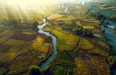 Royalty high quality free stock image of dawn and fog, mountains, river  and rice field at Trung Khanh town, Cao Bang province, Vietnam. 