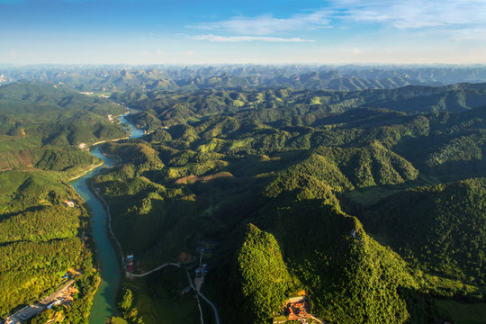 Royalty high quality free stock image of mountains and Quay Son river  at Trung Khanh town, Cao Bang province, Vietnam at Ban Gioc waterfall. Left of china, right of Vietnam