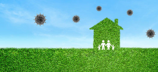 Stay Home and CORONA Virus Prevention Concept : Family icons stay in home icons on green artificial grass field to quarantine and protect corona virus.