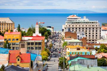 Punta Arenas, Chile, Cityscape.
View of the city and the Strait of Magellan from a vantage point . The city's Cathedral is visible to the left of the center. - 337587141