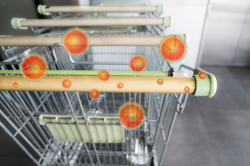 Empty shopping cart with dirty cart handle during coronavirus outbreak, risk to contaminated with germs virus bacteria and pathogen. Covid-19 disease epidemic concept