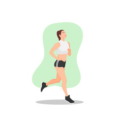 Fototapeta na wymiar Smiling happy young woman or girl go jogging. Jog icon. Physical exercise sign or symbol. Endurance training. Female workout sportswear. Cute sexy outfit - Simple flat vector character illustration.