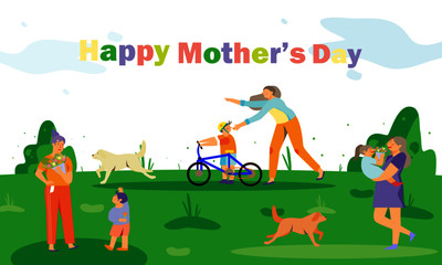 Happy mother's day vector design mom and child play outdoor at park funny