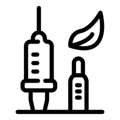 Syringe ampoule and leaf icon. Outline syringe ampoule and leaf vector icon for web design isolated on white background