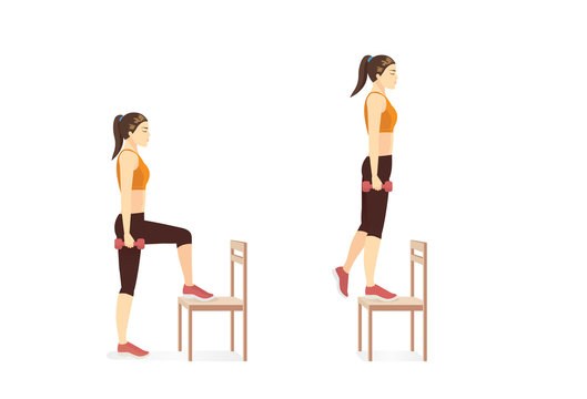 Woman doing Dumbbell Step up exercise by Stepping on the chair and standing. Illustration about workout while stay at Home. Stock Vector Adobe Stock
