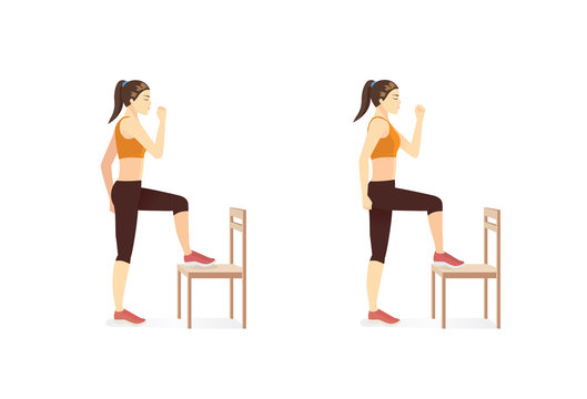 Woman quickly alternate lifting her knees high to lightly tap the seat with her toes. Illustration about doing Chair Workout with Toe Taps posture.