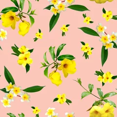 Behang floral seamless pattern with tropical flowers on a pink background © AineGing