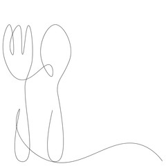 Fork and spoon line drawing  silhouette on white background. Vector illustration 