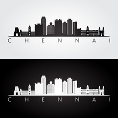 Obraz premium Chennai skyline and landmarks silhouette, black and white design, vector illustration.