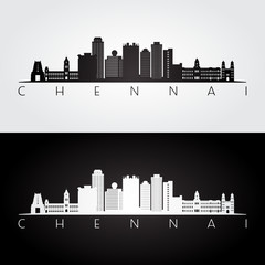 Chennai skyline and landmarks silhouette, black and white design, vector illustration.